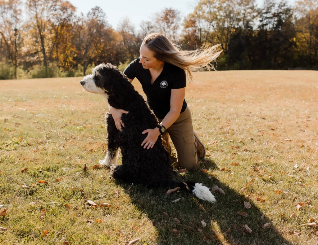 Woman practitioner in outdoor field kneeling with black dogs, demonstrating engaged somatic co-regulation and interaction in natural setting during autumn